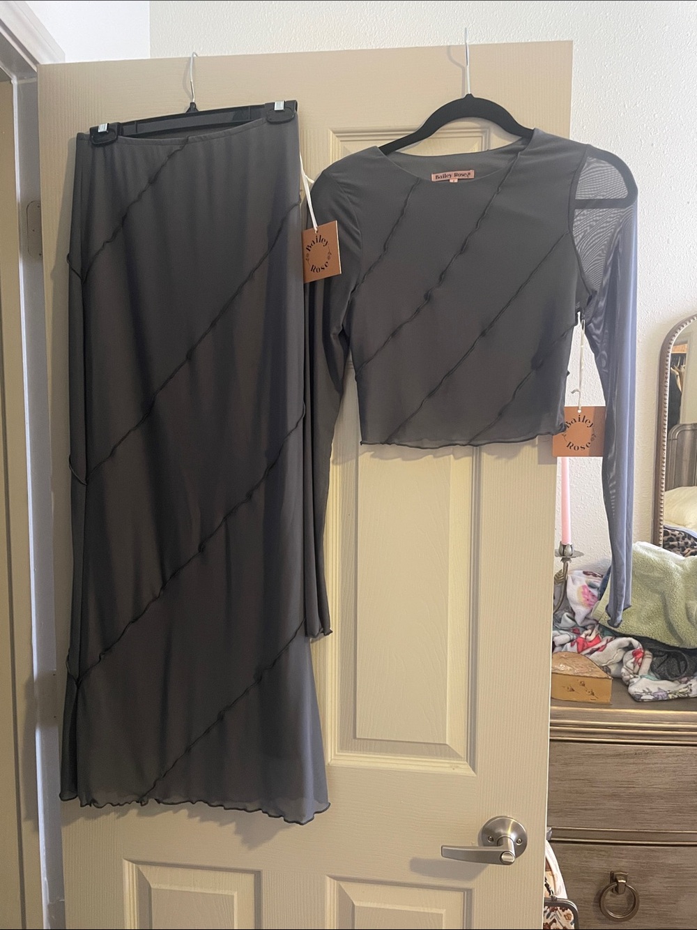 Charcoal Mesh Maxi Skirt & Crop Top Set - Women's Two-Piece